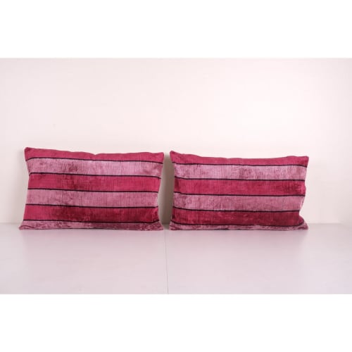 Ikat Pink Lumbar Pillow Cover - Set of Two Silk Striped Velv | Pillows by Vintage Pillows Store