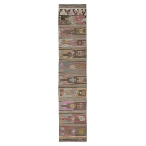 Handwoven Vintage Sivas Kilim Runner in Green Geometric | Rugs by Vintage Pillows Store