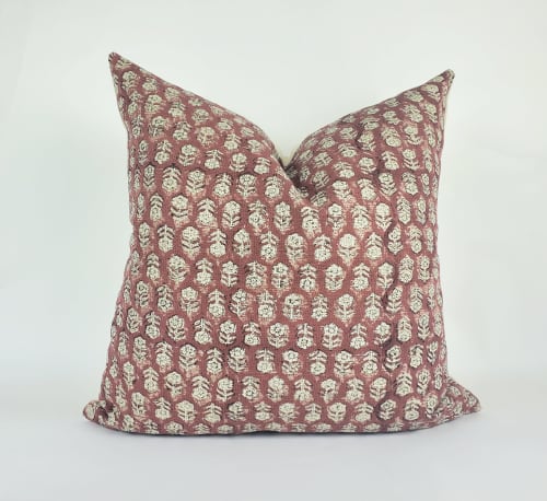 Rust block print pillow, block print red floral pillow | Pillows by Velvet Fringe