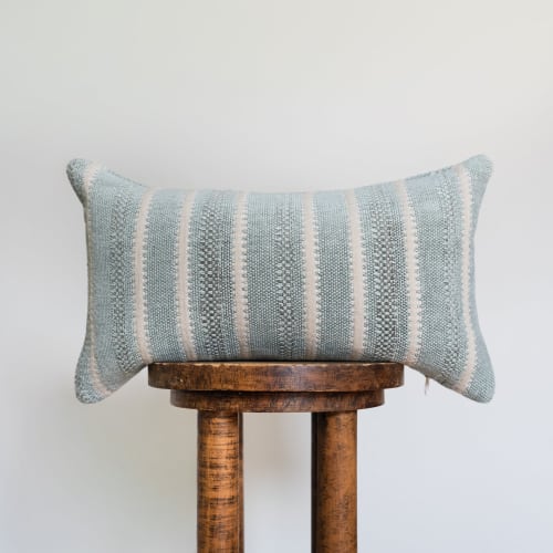 Aqua and Cream Woven Striped Linen Lumbar Pillow 12x20 | Pillows by Vantage Design