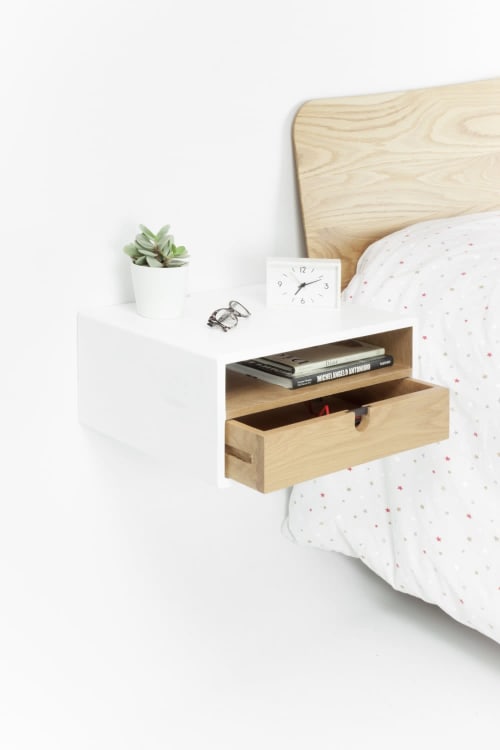 White Floating Nightstand Bedside Table Drawer in Oak | Storage by Manuel Barrera Habitables