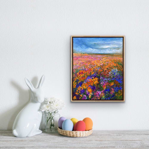 Rainy Pink Flower Field | Oil And Acrylic Painting in Paintings by Checa Art