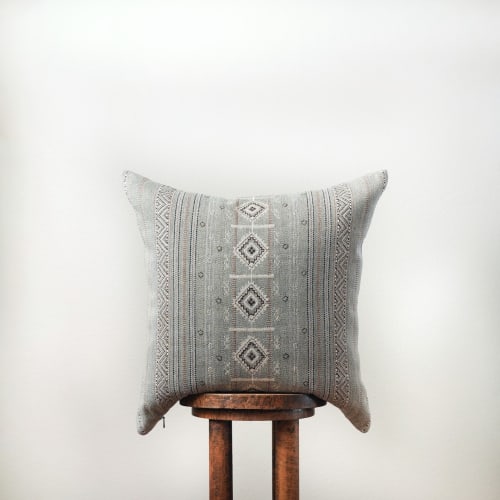Greige, Camel, Black & White Embroidered Tribal Linen Pillow 22x22 | Pillows by Vantage Design