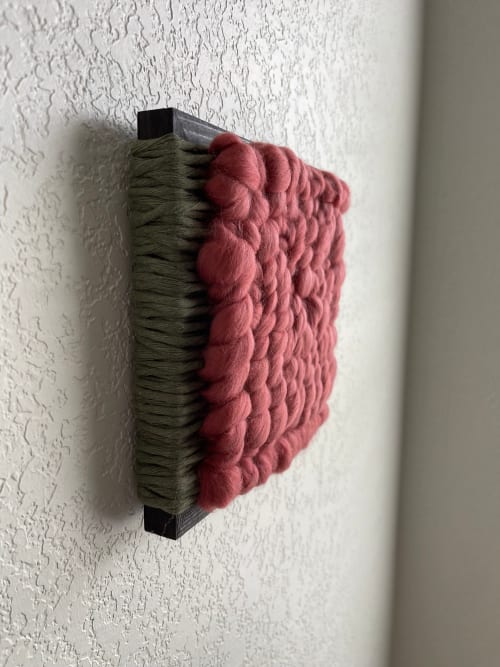 Woven Tile- Fluff-Rose and Green | Wall Sculpture in Wall Hangings by Mpwovenn Fiber Art by Mindy Pantuso