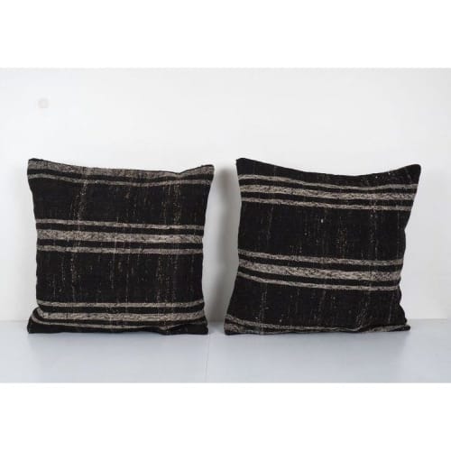 Set Vintage Mid Century Goat Hair Brown Kilim Pillow With Tr | Pillows by Vintage Pillows Store