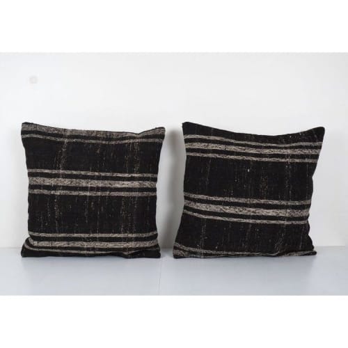 Set Vintage Mid Century Goat Hair Brown Kilim Pillow With Tr | Cushion in Pillows by Vintage Pillows Store