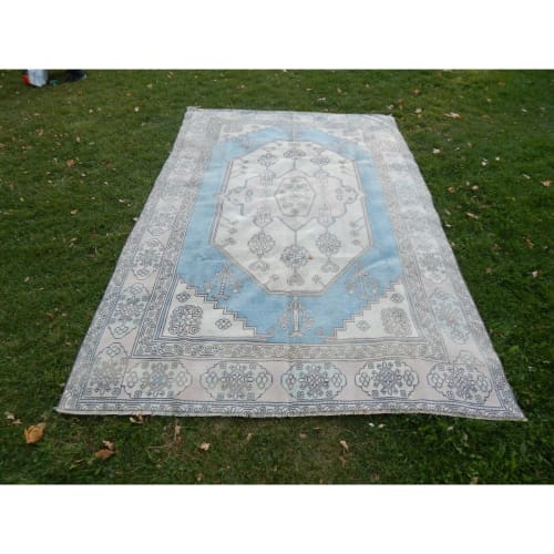 Vintage Turkish Beige & Blue Color Living Room Rug - Dining | Rugs by Vintage Pillows Store