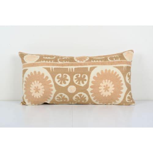 Faded Brown Vintage Suzani Lumbar Pillow Fashioned from a Mi | Pillows by Vintage Pillows Store
