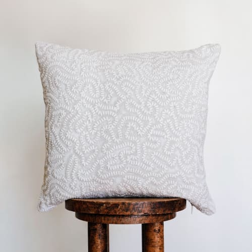 Cream and Beige Embroidered Stitch on Linen Pillow 18x18 | Pillows by Vantage Design