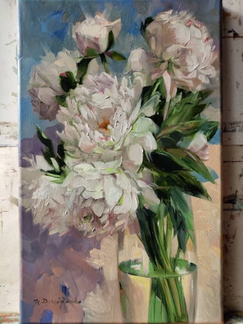 White peony flowers art painting original, White flower | Oil And Acrylic Painting in Paintings by Natart