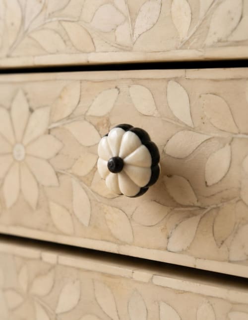 Black and White Bone Knob, Carved Flower Cabinet Drawer Pull, Shabby Chic Cupboard Hardware | Nightstand in Storage by IKKAZA