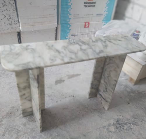 Calacatta Marble Console Table: Green & Monet Stone (12x42x30) | Buffet Table in Tables by AEGEAN MARBLE ARTISAN ATELIER