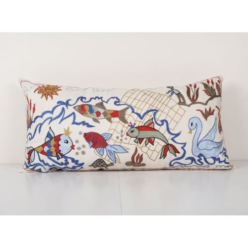 Fish Embroidery Suzani Cushion Cover, Decorative Long Uzbek | Pillows by Vintage Pillows Store