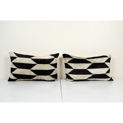 14" x 24" Set of Two Ikat Velvet Pillow, Silk Lumbar Cushion | Linens & Bedding by Vintage Pillows Store