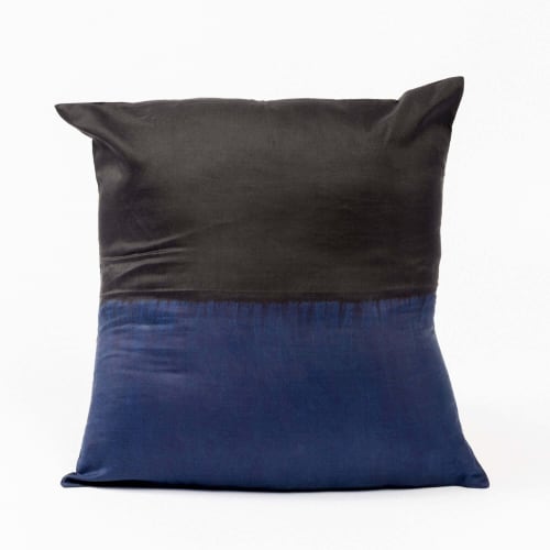 Aakar Mor Black & Indigo Color Block Mulberry Silk Pilow | Pillow in Pillows by Studio Variously