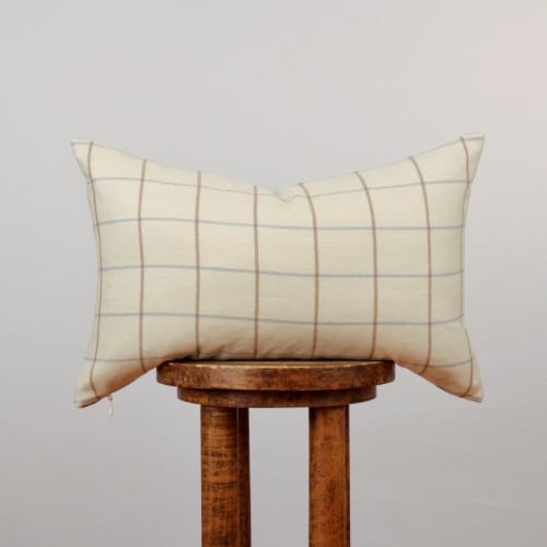 Cream, Blue and Brown Plaid Wool Lumbar Pillow 14x22 | Pillows by Vantage Design