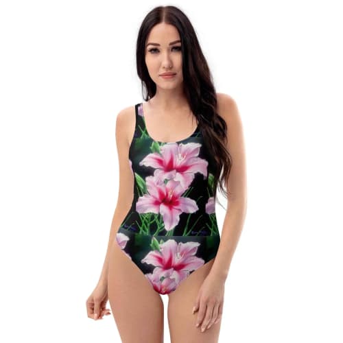 One Piece Swimsuit - Desire - Pink Lily Floral Art | Work by Eman's Gallery