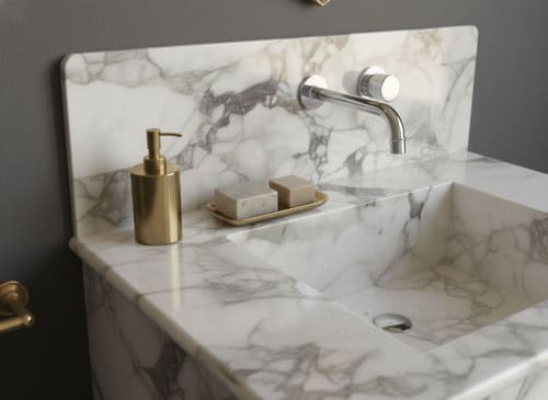 Calacatta Monet Marble Sink with Backsplash | Custom design | Water Fixtures by AYMARBLEDESIGN LLC