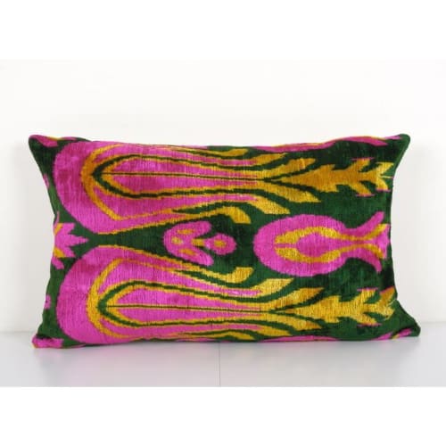 Ikat Hot Pink and Dark Green Pillow Cover with Tulip Pattern | Pillows by Vintage Pillows Store