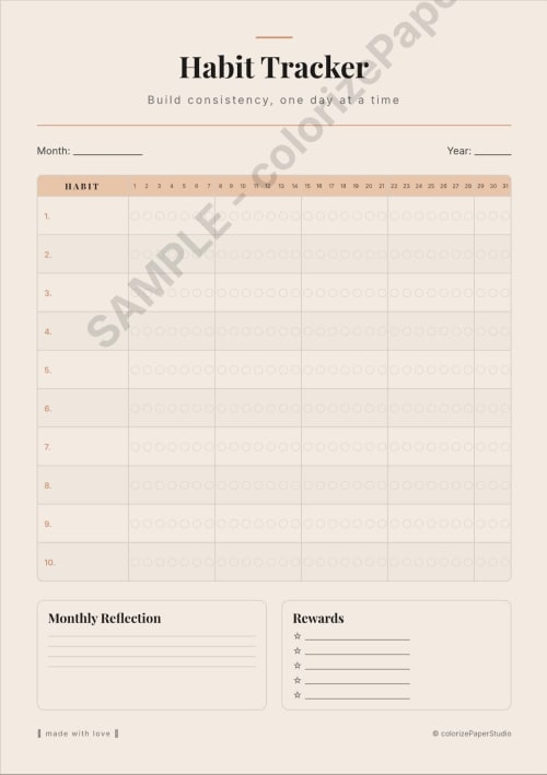 Printable Habit Tracker A4 | 5 Color Themes + Horizontal Layout | Undated Monthly Habit Journal | Instant Download PDF | Gift Cards by Colorize Paper Studio