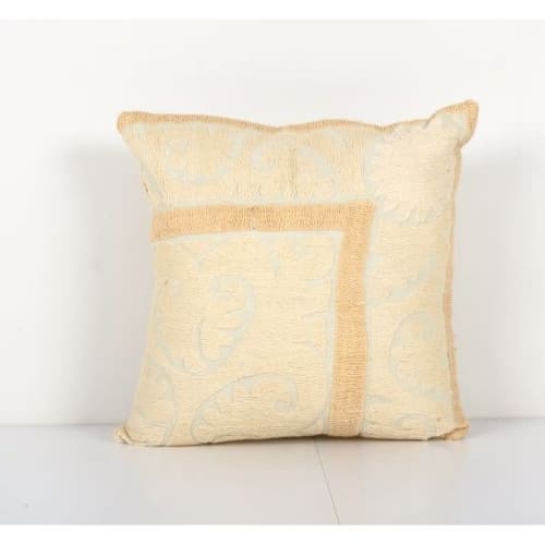 Square Vintage Cotton Suzani Pillow Cover, Exquisite White W | Pillows by Vintage Pillows Store