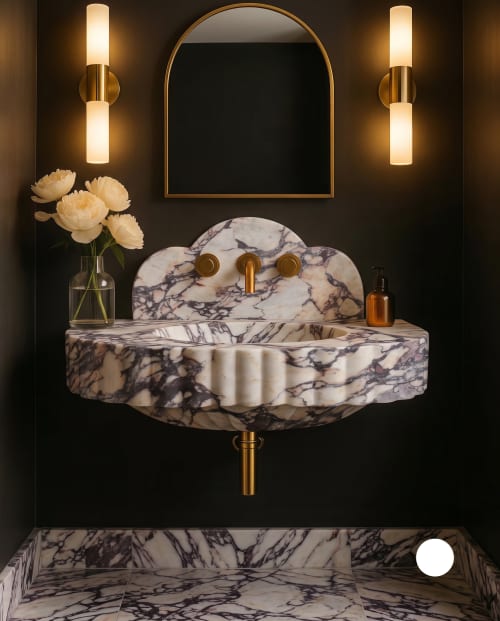 Italian Calacatta Viola Marble Sink, Designer Scalloped Bathroom Vanity | Water Fixtures by Vero Marble