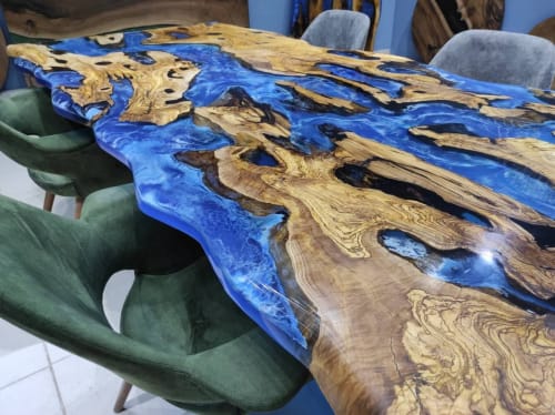 Live Edge Olive Tree Ocean Epoxy River Table - Epoxy Resin | Dining Table in Tables by LuxuryEpoxyFurniture