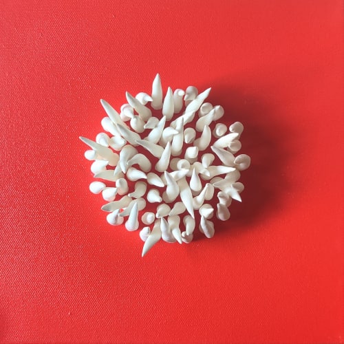 White-on-red sculpture on canvas, square canvas art | Wall Hangings by Natasha Kanevski