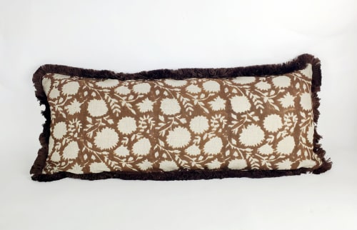 Brown block print pillow, chocolate brown floral pillow, bro | Pillows by Velvet Fringe