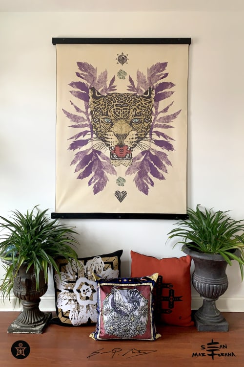Jaguar w/ Marigold Leaves • Large Fabric Textile Wall Decor | Tapestry in Wall Hangings by Sean Martorana