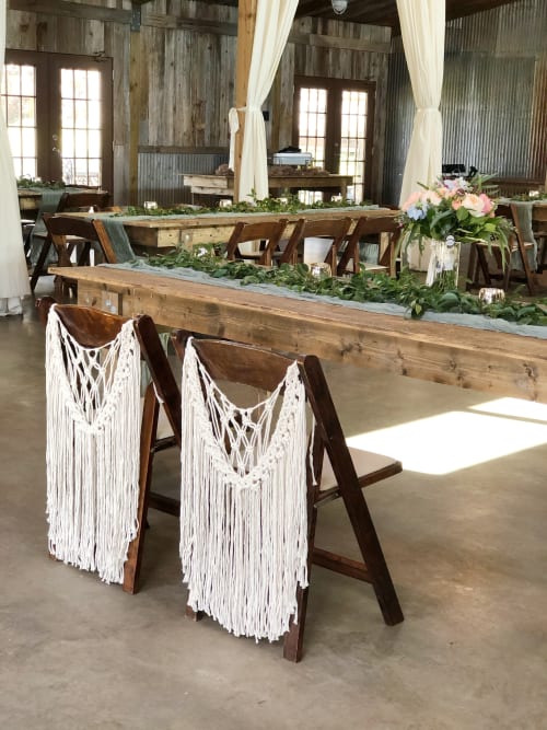 Set of Macramé wedding chair hangings | Wall Hangings by Mpwovenn Fiber Art by Mindy Pantuso | Vista West Ranch in Dripping Springs