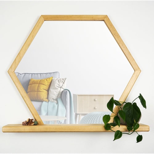 Hexagon Mirror with Wooden Shelf | Decorative Objects by Dot & Rose