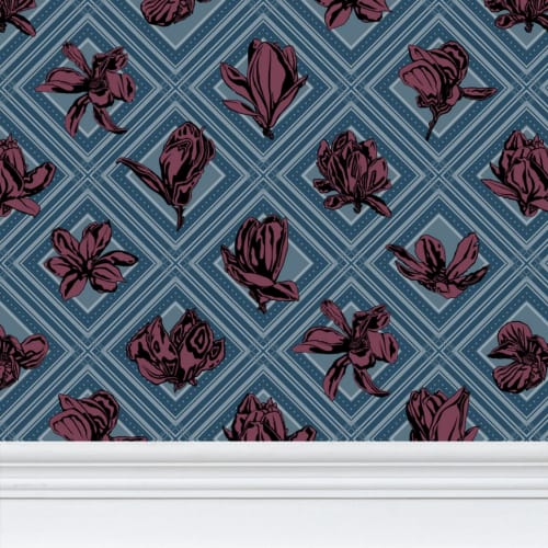 Trellis - Magnolia Flowers - Dark Magenta Reverse Blue Green | Wallpaper in Wall Treatments by Sean Martorana