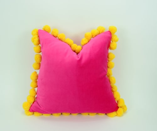 READY TO SHIP 16 x 16 icnhes // hot pink pom pom pillow | Pillows by velvet + linen