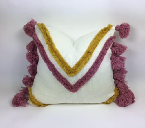 Boho pillow // Mustard and pink pillow // pink tassel pillow | Pillows by velvet + linen