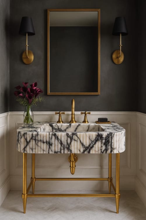 Custom Calacatta Viola Marble Sink with Brass Legs | Water Fixtures by Vero Marble