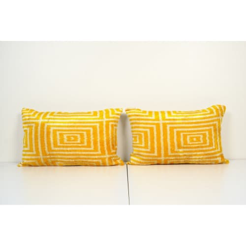 Christmas gift Pillow - Set of Two Yellow Silk Ikat Velvet P | Linens & Bedding by Vintage Pillows Store