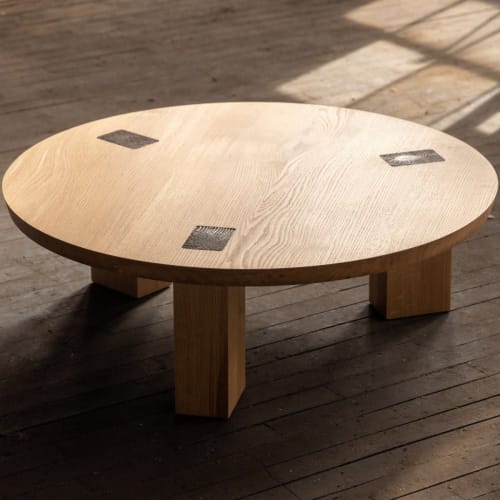 Winston Coffee Table | Round Wood and Bronze Table in Oak | Tables by Alabama Sawyer