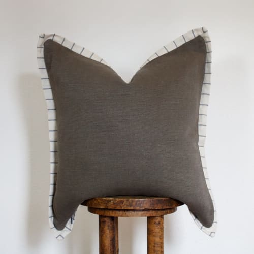 Mushroom Brown Linen with Cream & Denim Blue Striped Flange 22x22 | Pillow in Pillows by Vantage Design