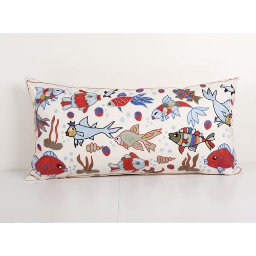 Animal Motif Suzani Pillow, Handmade Aquarium Pictorial Embr | Cushion in Pillows by Vintage Pillows Store
