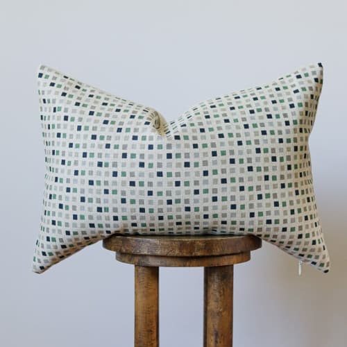 Linen with Printed Colored Squares Lumbar Pillow 16x24 | Pillows by Vantage Design
