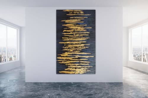 Original abstract gold leaf painting dark blue painting gold | Paintings by Serge Bereziak (Berez)