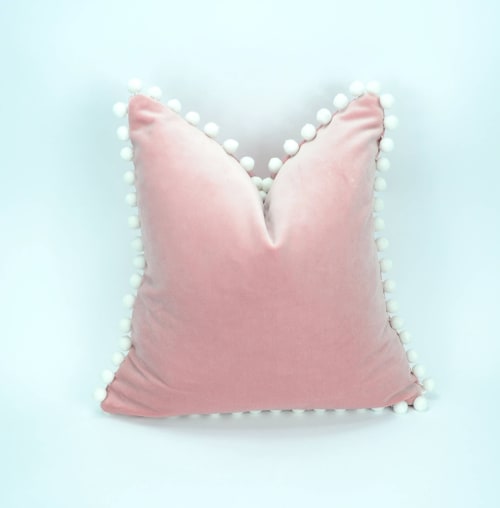 blush velvet with white pom poms // blush with white pom pom | Pillow in Pillows by Velvet Fringe