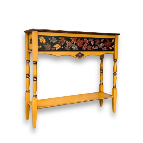 Hand Painted Autumn Leaves Console Table, Solid wood Entryway Table, Mustard Cottage Furniture | Tables by Alevtina G