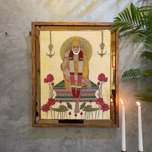 Sri Sai Baba of Shirdi, Om Sai Ram. Handmade Embroidered Bej | Wall Hangings by MagicSimSim