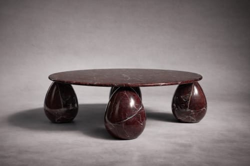 Cons Rosso Levanto Marble Round Coffee Table | Tables by HamamDecor LLC