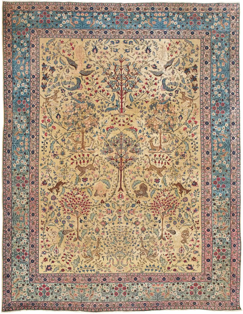 RARE PARADISE TABRIZ with Phoenix, Leopards, Fawn, & Rooster | Area Rug in Rugs by The Loom House