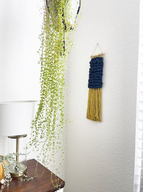 Navy and Mustard Textured Woven Wall Hanging | Wall Sculpture in Wall Hangings by Mpwovenn Fiber Art by Mindy Pantuso