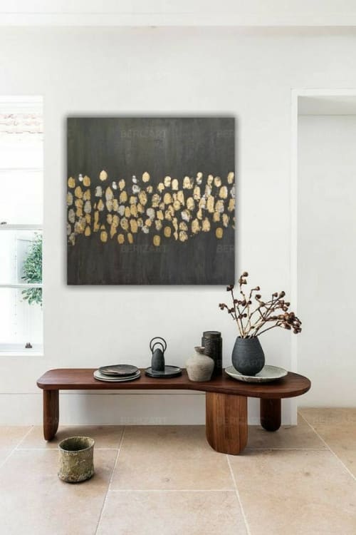 Large abstract gray textured gold leaf painting silver and | Oil And Acrylic Painting in Paintings by Serge Bereziak (Berez)