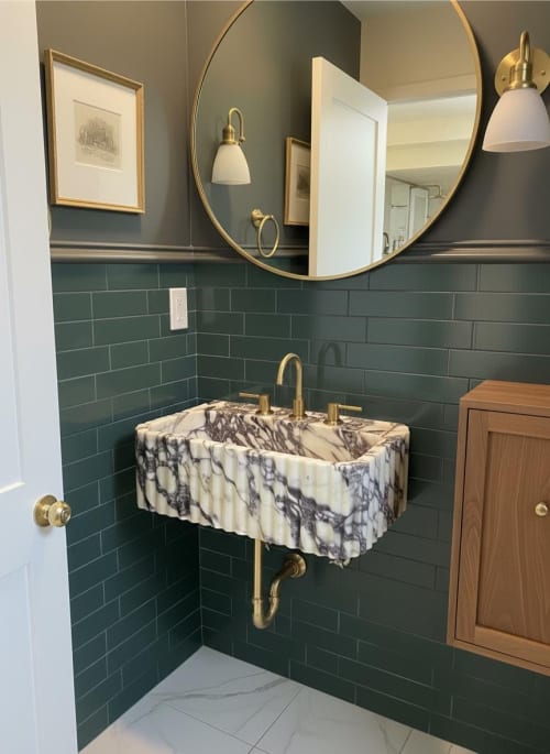 Fluted Calacatta Viola Marble Sink, Rectangular Wall Mount Basin, Carved Natural Stone Vanity | Water Fixtures by AYMARBLEDESIGN LLC
